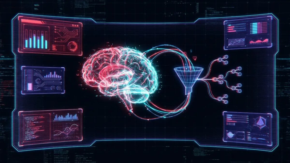 Cerebro de red neuronal conectado a un embudo de conversión, marketing digital con IA en estilo neón