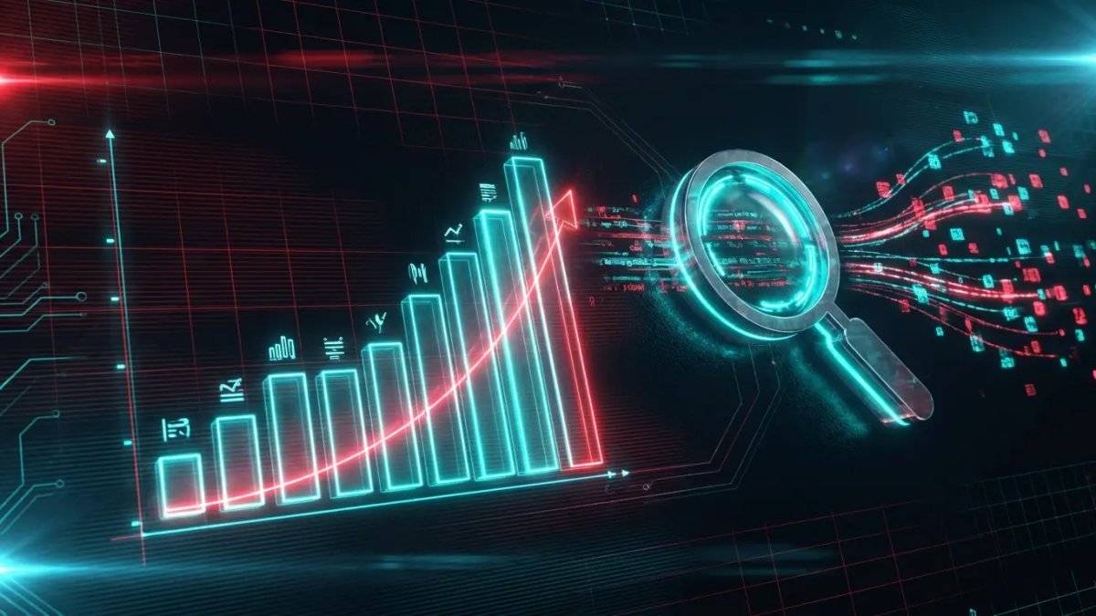 Concepto cyberpunk de SEO: gráfica holográfica de posicionamiento y lupa escaneando datos neón