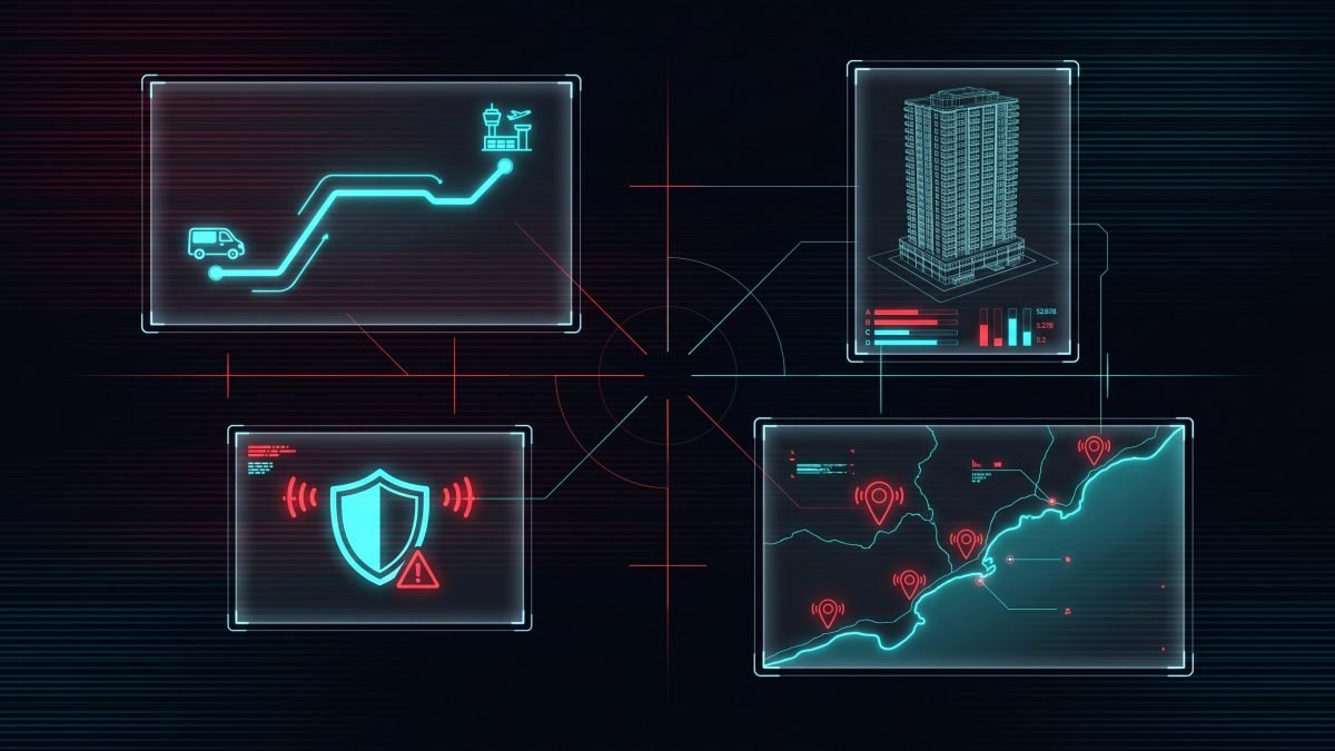 Cuatro paneles holográficos estilo HUD: ruta de traslado al aeropuerto, edificio con tablero de pagos, escudo de seguridad y mapa con propiedades