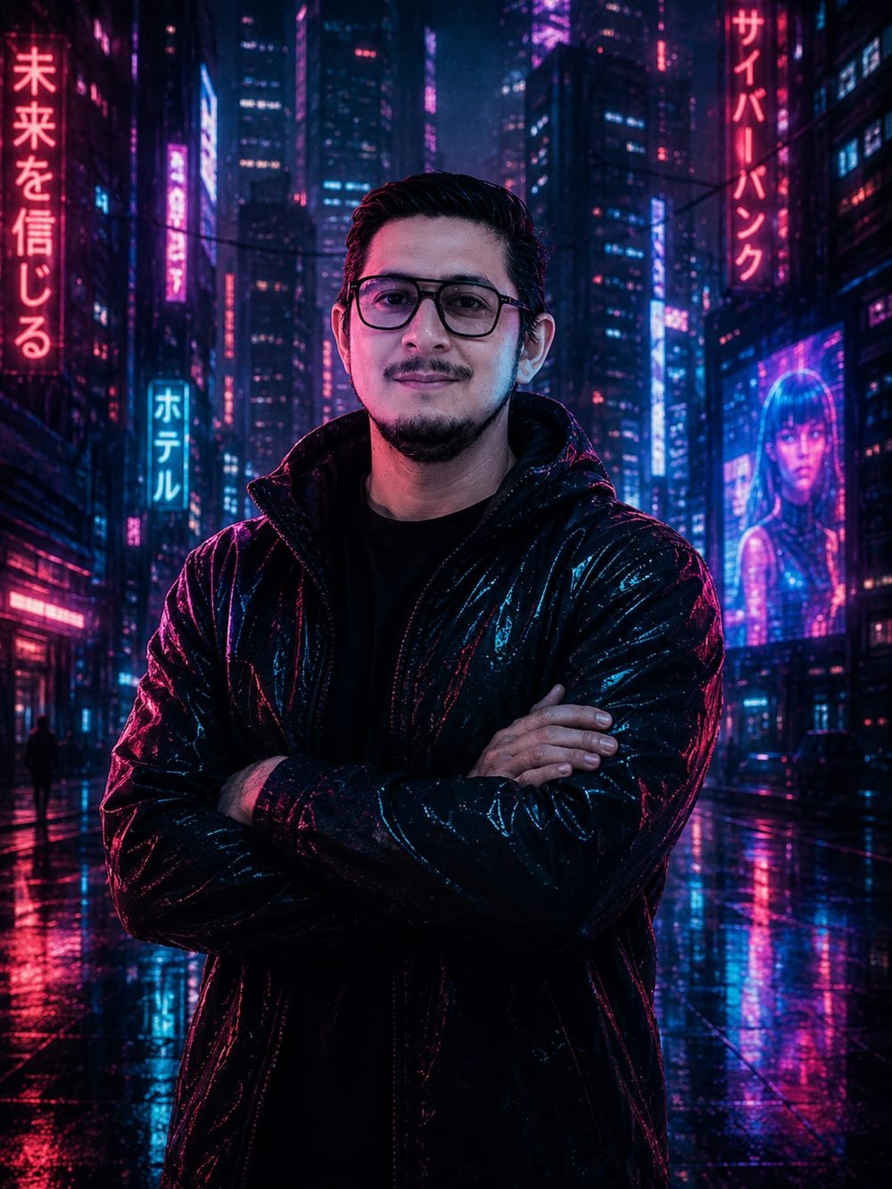 JAN — Digital Marketing Manager, retrato cyberpunk en la ciudad neón
